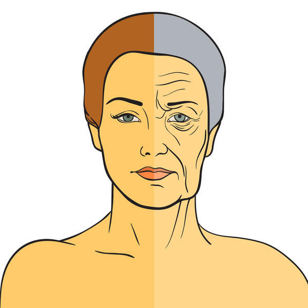 Woman face before and after aging. Young woman and old woman with wrinkles. The same person in her youth and old age.