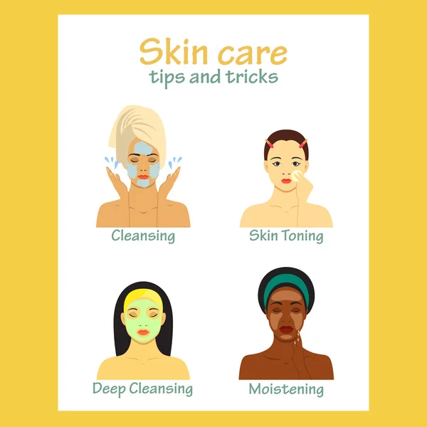 Icon set for skincare infographic. Young women showing four steps face care. Beautiful girls of different races. — Stock Vector