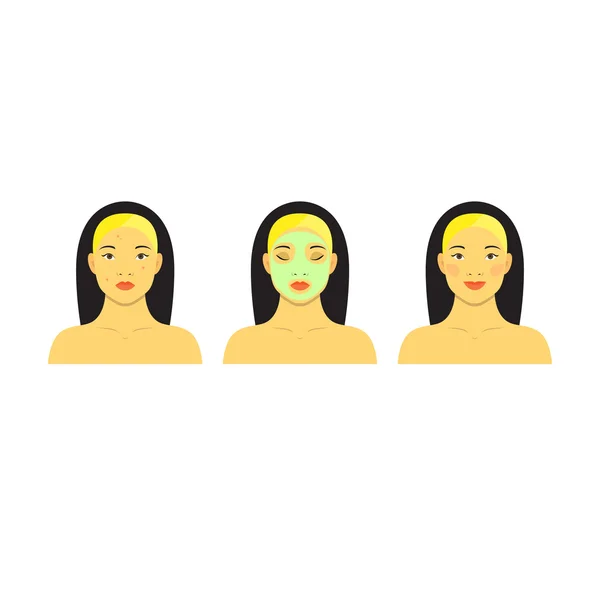 Conjunto de iconos para infografía de cuidado de la piel. Colorido vector imagen ilustrado pasos de lavado de bonita mujer asiática con acné . — Vector de stock