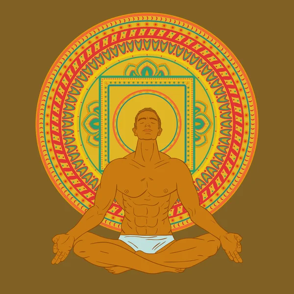 Hombre sentado en meditación posan sobre fondo de mandala . — Vector de stock