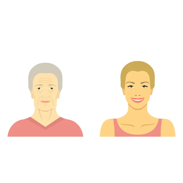 Kadın yüz önce ve sonra yaşlanma. Genç kadın ve yaşlı kadın ile kırışıklıkları. Aynı kişi gençlik ve yaşlılık.