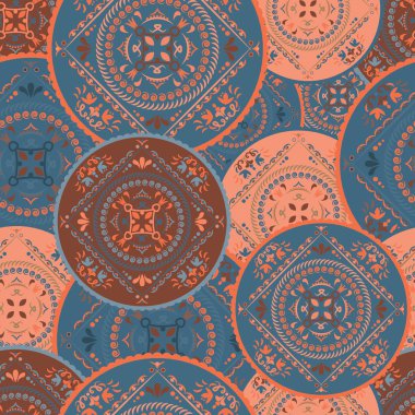 Dekoratif yuvarlak seamless modeli. Vektör renkli arka plan.