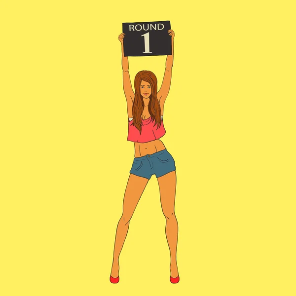 Boxing ring card girl holding a board with the inscription 1 round. — Stock Vector