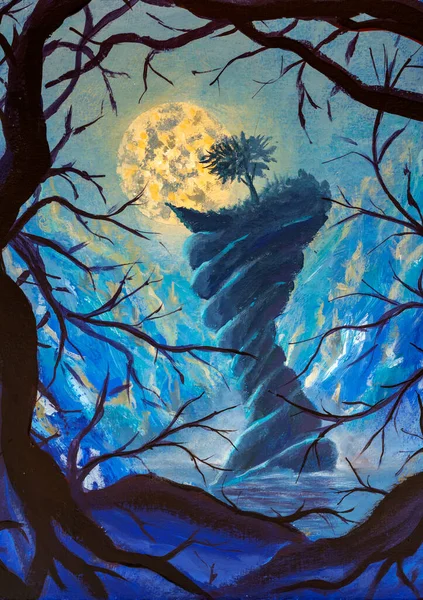 Fantasy blue night oil painting. Big moon, tree on top of terrible mountain in river artwork. Old dead black tree branches in foreground halloween concept art  for book illustration poster