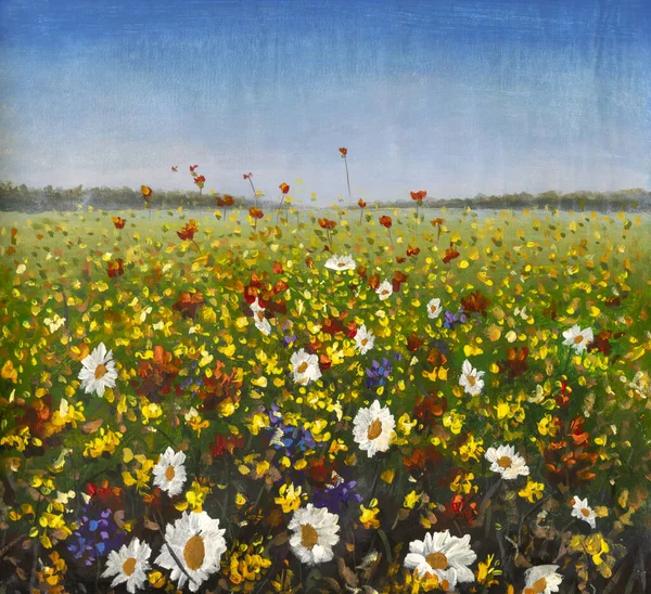 Original oil painting of flowers, beautiful looming field on canvas. Wildflowers. Modern Impressionism. Impasto artwork.