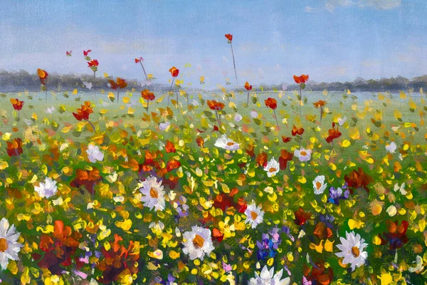 Original oil painting of flowers, beautiful field flowers on canvas. Summer field of flowers. Modern Impressionism. Impasto artwork. Spring art.