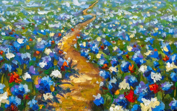 Oil Painting road through the flower field, Impressionism style flowers painting, still life painting art canvas by artist, wildflowers Texture paintings