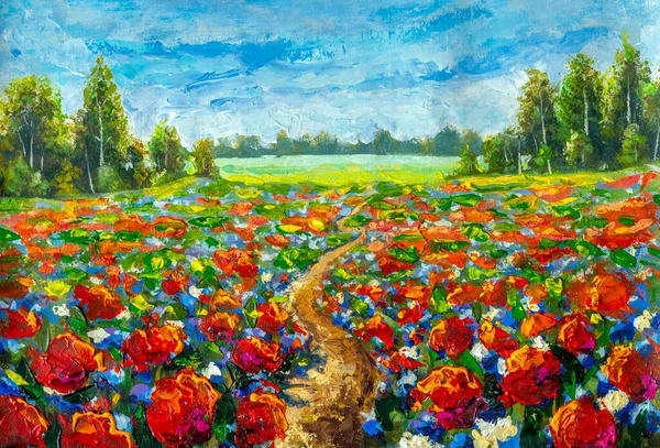 Original oil painting Road in flower field landscape, beautiful summer wildflowers, red poppies on canvas. Modern Impressionism artwork.