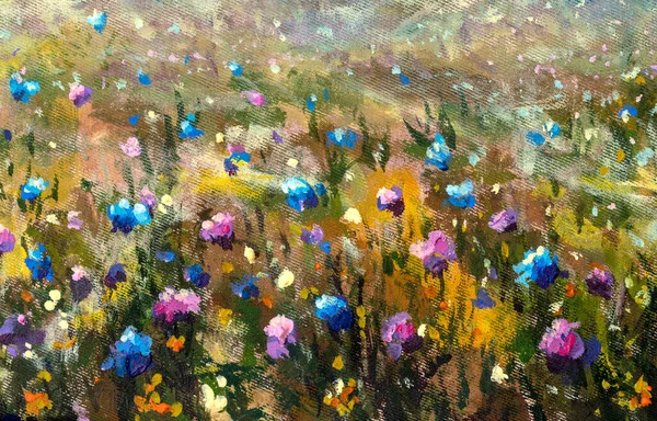 Flower oil painting beautiful summer landscape with blue pink wildflowers in foreground