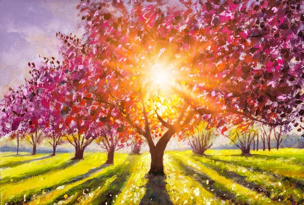 Oil painting on canvas of spring landscape with flowering trees and colorful sunny green meadow nature