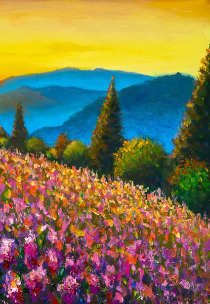 Summer landscape flowers artwork. Violet pink lavender field flower, blue mountains painting, green bushes and trees impressionism illustration nature artwork art