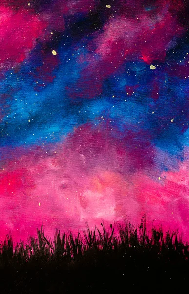 Hand painted background Oil painting acrylic on canvas beautiful night landscape with blue purple starry sky on  background of black grass