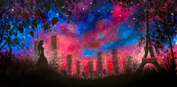 Hand painted art painting night city Paris with girl with balloons and beautiful Eiffel tower art fantasy background Oil painting acrylic on canvas night landscape with blue purple starry sky