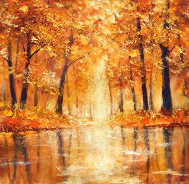 Reflection of autumn trees in water. Painting.