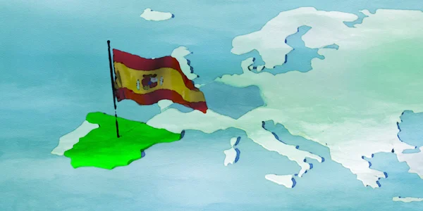 3D-karta Europa med flagga Spanien — Stockfoto