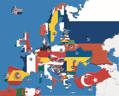 3D kabartma harita Europe bayrakları ve başkentleri