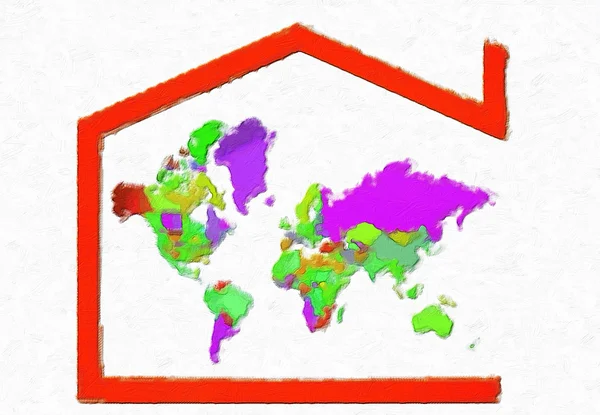 Mapa de cores 3D Terra com símbolo da casa — Fotografia de Stock