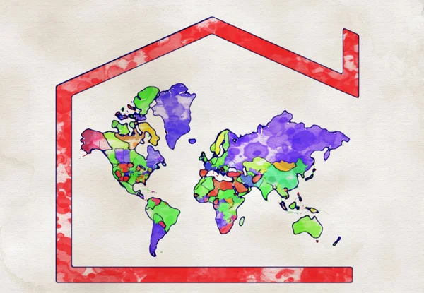 3d 컬러 지도 지구 집 기호 — 스톡 사진