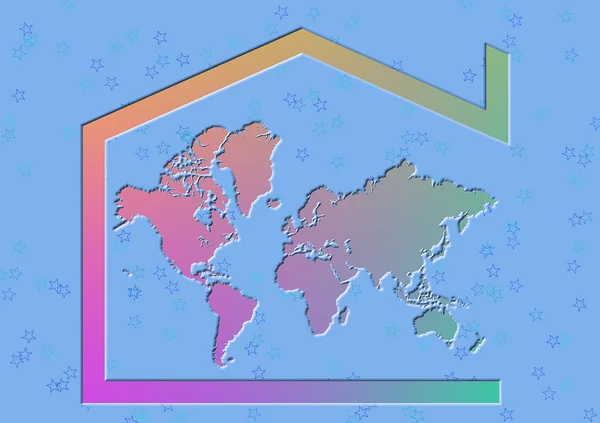 Carte 3D Terre colorée avec symbole de la maison et fond — Photo