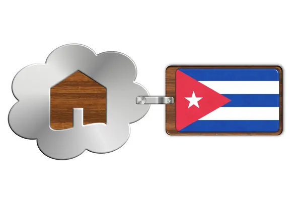 Σύννεφο και σπίτι κατασκευασμένο από χάλυβα και ξύλο με σημαία της Κούβας — Φωτογραφία Αρχείου