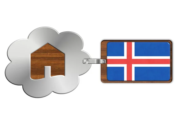 Nuage et maison en acier et bois avec drapeau islandais — Photo