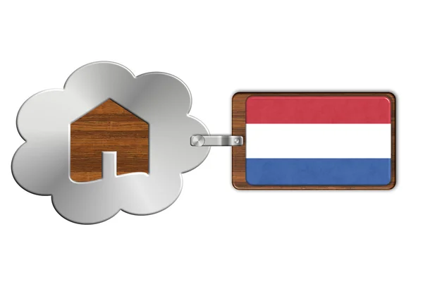 Chmura i dom, stali i drewna z flaga Holandia — Zdjęcie stockowe
