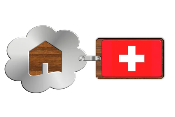 Cloud and house made of steel and wood with Swiss flag — Stock Photo, Image