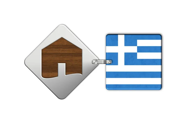 Symbol house in steel and wood with flag Greece — Stock Photo, Image