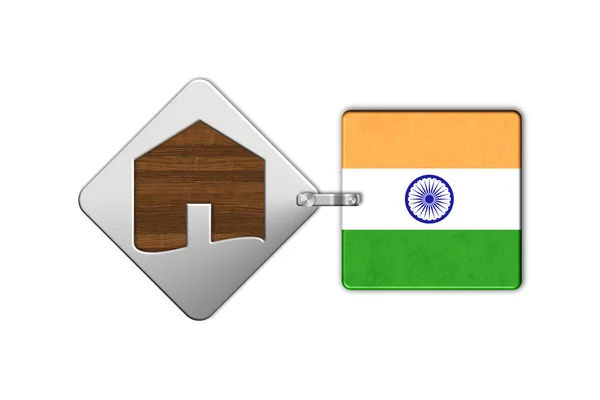 Casa símbolo en acero y madera con bandera India — Foto de Stock