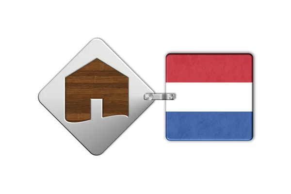Symbolem domu w stali i drewna z flaga Holandia — Zdjęcie stockowe