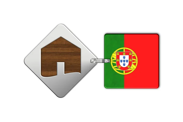 Símbolo de casa en acero y madera con bandera Portugal — Foto de Stock