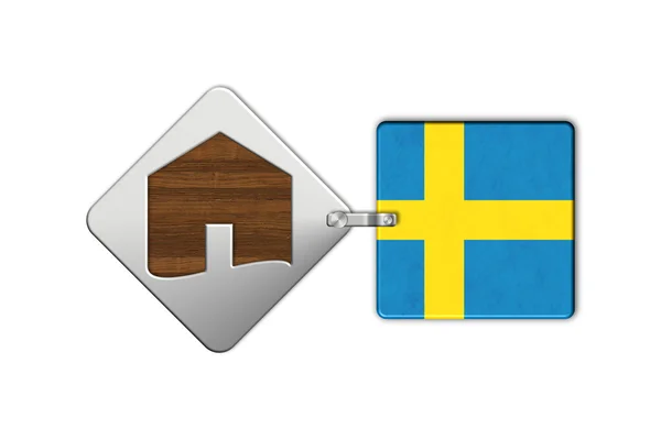 Símbolo de casa de acero y madera con bandera de Suecia —  Fotos de Stock