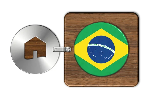 Símbolo de casa de acero y madera con bandera de Brasil — Foto de Stock