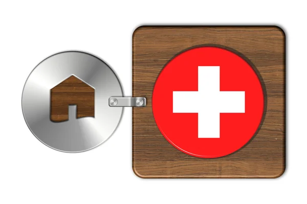 Home symbol made of steel and wood with Swiss flag — Stock Photo, Image