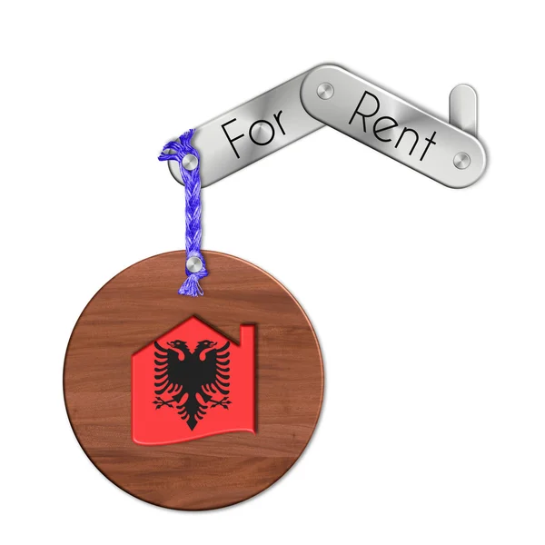 Gadget çelik ve ahşap ülke ve kiralık Arnavutluk için ev sembolü ile — Stok fotoğraf