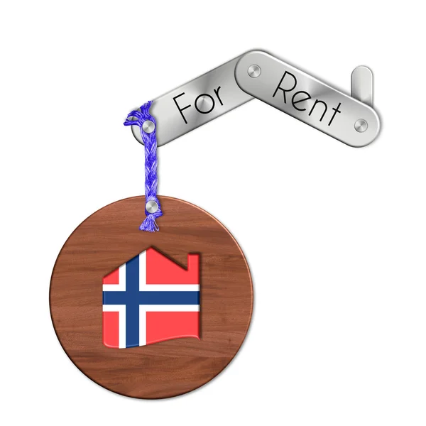 Gadżet stal i drewno z narodem i symbolem domu do wynajęcia Norwegia. — Zdjęcie stockowe