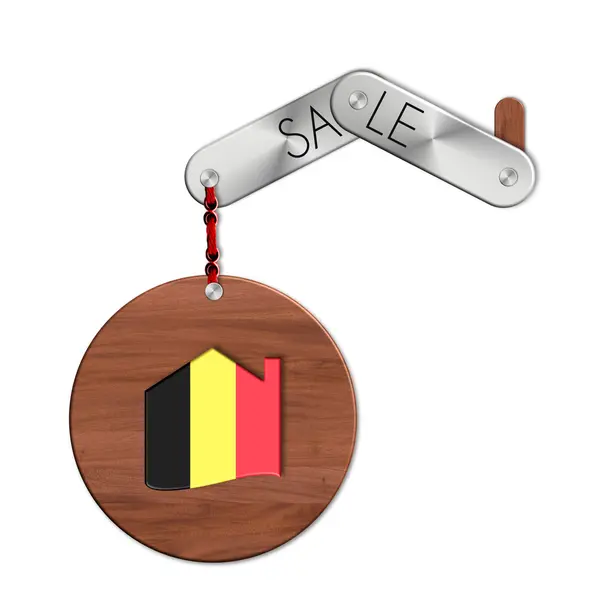Gadget staal en hout met de natie en de huisverkoop symbool België — Stockfoto
