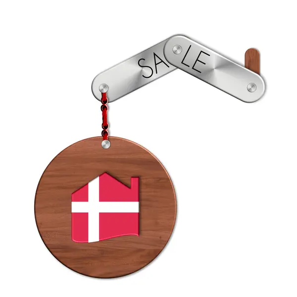 Gadget acciaio e legno con la nazione e home sales symbol Danimarca — Foto Stock