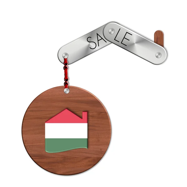 Gadget de acero y madera con la nación y el símbolo de ventas de casas Hungría — Foto de Stock