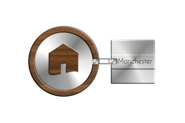 Casa Gadgets en acero y madera con etiqueta Manchester —  Fotos de Stock