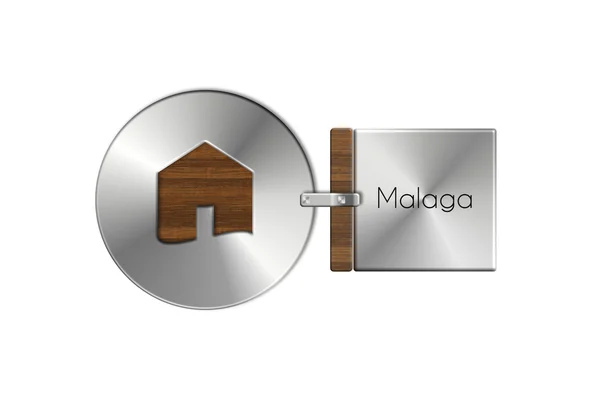 Gadgets huis in staal en hout met label Malaga — Stockfoto