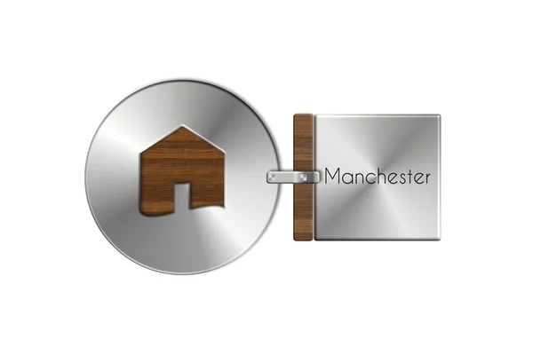 Gadgets casa em aço e madeira com etiqueta Manchester — Fotografia de Stock