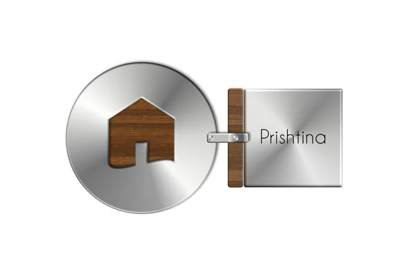 Gadgets house in steel and wood with label Prishtina — Stock Photo, Image