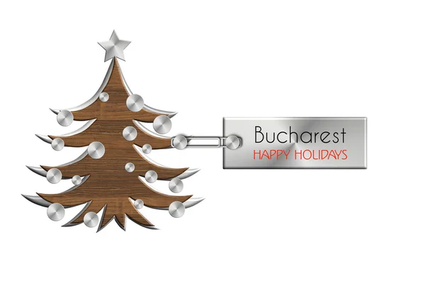 Gadgets Navidad en acero y madera etiquetados Bucarest felices fiestas — Foto de Stock