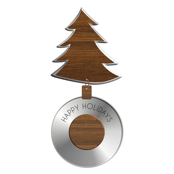 Bola felices fiestas con árbol de Navidad en acero y madera — Foto de Stock