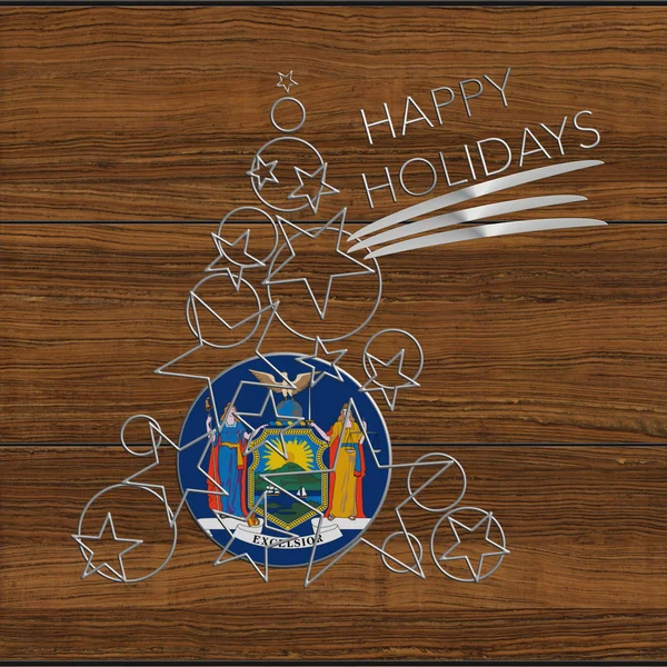 Happy Holidays choinki wykonane ze stali i drewna Nowy Jork — Zdjęcie stockowe