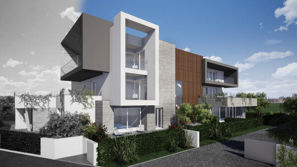 3D моделирование цвет жилых зданий и черно-белый