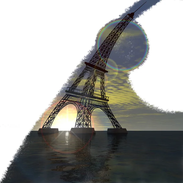 Eiffel Tower 3D bent sea at sunset grunge — Stock Photo, Image