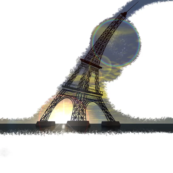 Torre Eiffel 3D dobrado mar ao pôr do sol grunge — Fotografia de Stock