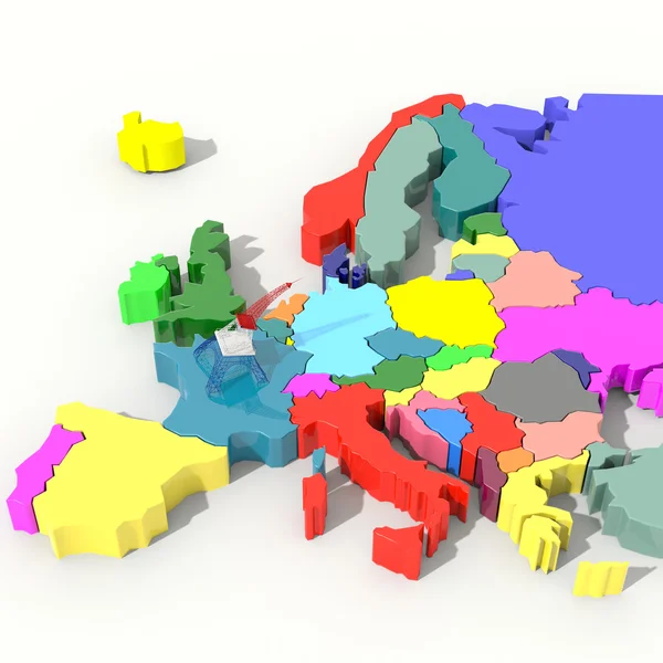 La carte d'Europe couleur 3D avec tour Eiffel jette l'ombre sur l'Allemagne — Photo